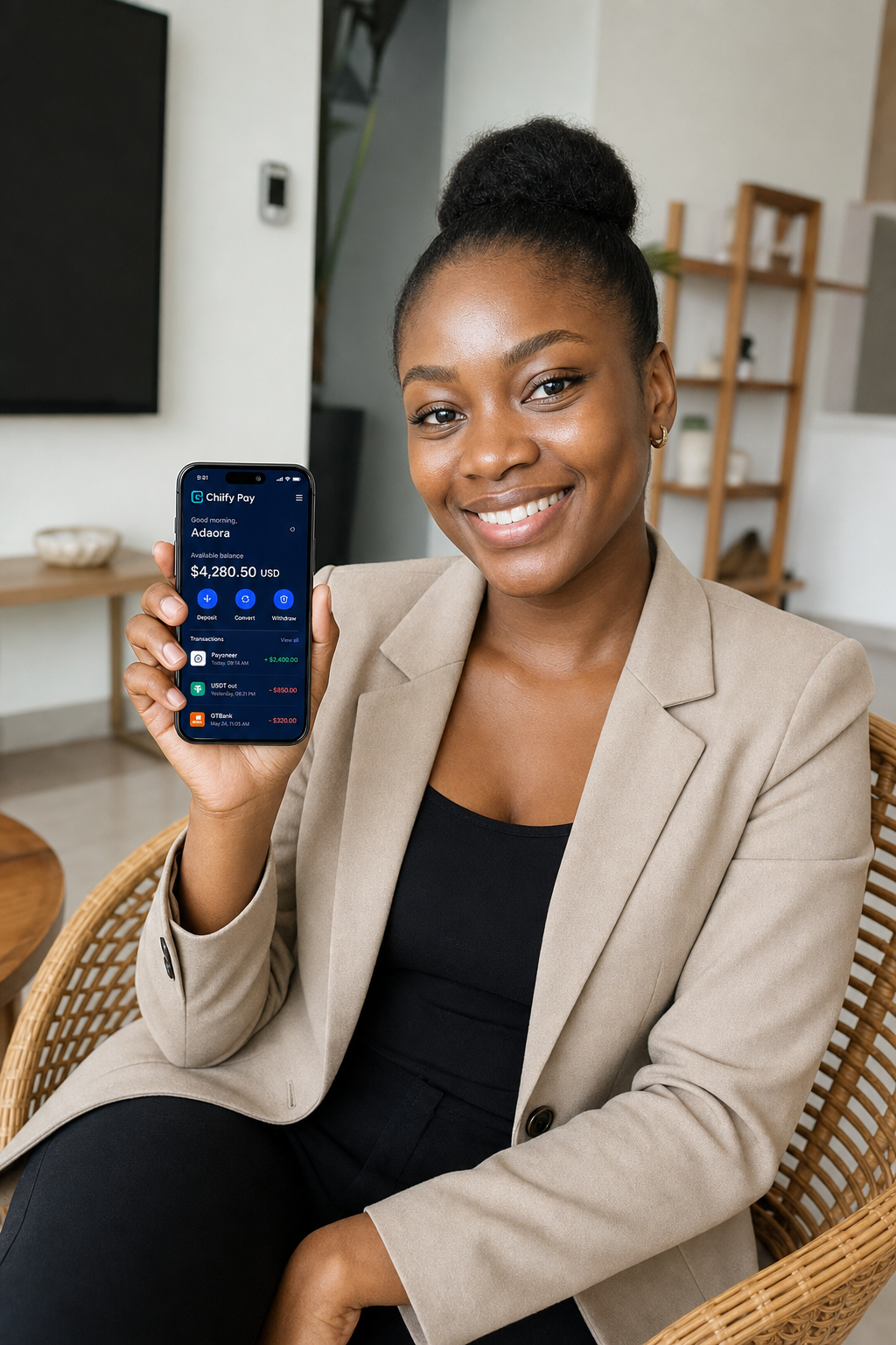 Chiify Pay customer holding the app with live transactions